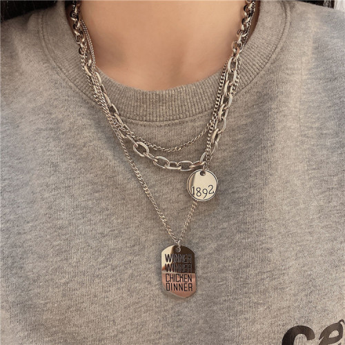 Niche Design Multi-Layer Stacked round Square Necklace Cold Wind Hip-Hop Fashionable Brand Sweater Chain Bathroom Necklace Titanium Steel