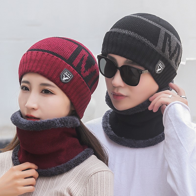 Winter Fleece-Lined Warm Wool Hat Men's Scarf Cap Women's Outdoor Cold-Proof Knitted Hat P
