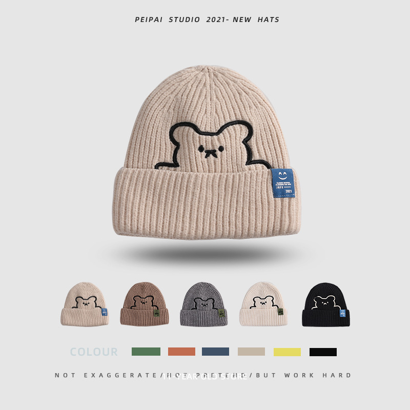 Simple Cute Hat Female Winter New Warm Patch Woolen Cap Korean Fashion Travel Student Knitted Earmuf