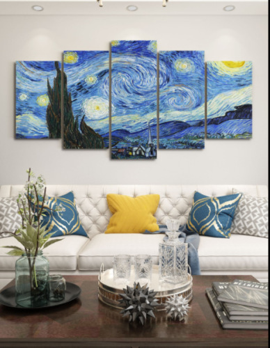 Simple Living Room Decorative Painting Bedroom Decorative Mural Canvas Oil Painting Printing Spray Painting Five-Piece Stitching Painting Starry Sky Frame Painting 