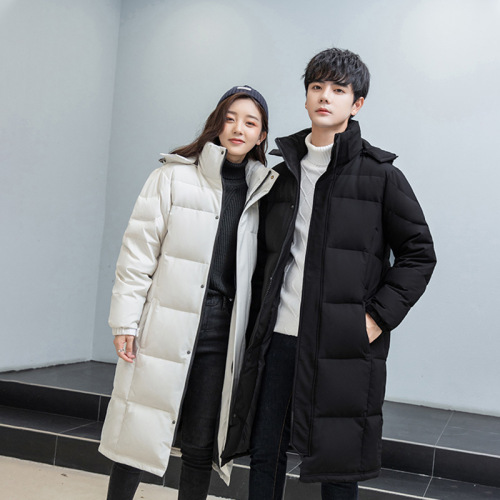 Winter 2021 New Men‘s and Women‘s Same Couple down Jacket Casual Long over-the-Knee Hooded Thickened Korean Style