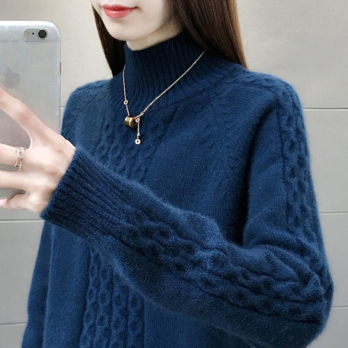 half turtleneck thickened sweater women‘s korean-style loose twist pullover outerwear knitted bottoming shirt long sleeve tide