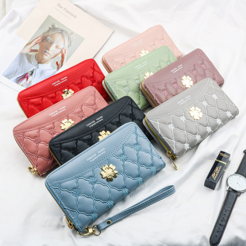 tock Zipper Bag Embroidered Wallet Zipper Clutch Leather Mobile Phone Bag Student Coin Purse Women‘s Handbag 