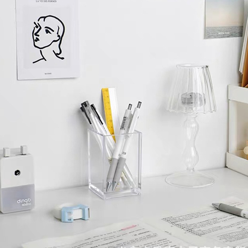 Transparent Acrylic Pen Holder Ins Style Square Desktop Organizing Storage Box Eyebrow Pencil Makeup
