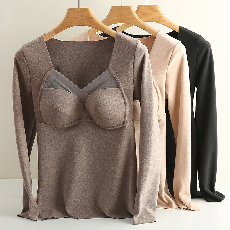 Autumn and Winter Dralon Warm Long Sleeves Bottoming Shirt French Fixed Cup Latex Underwear Single L