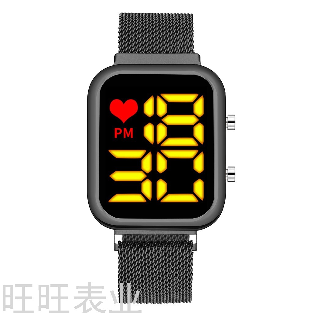 2021 New LED Square Magnet Yellow Light Small Heart Trendy Watch Mesh Belt Simple Middle School Stud