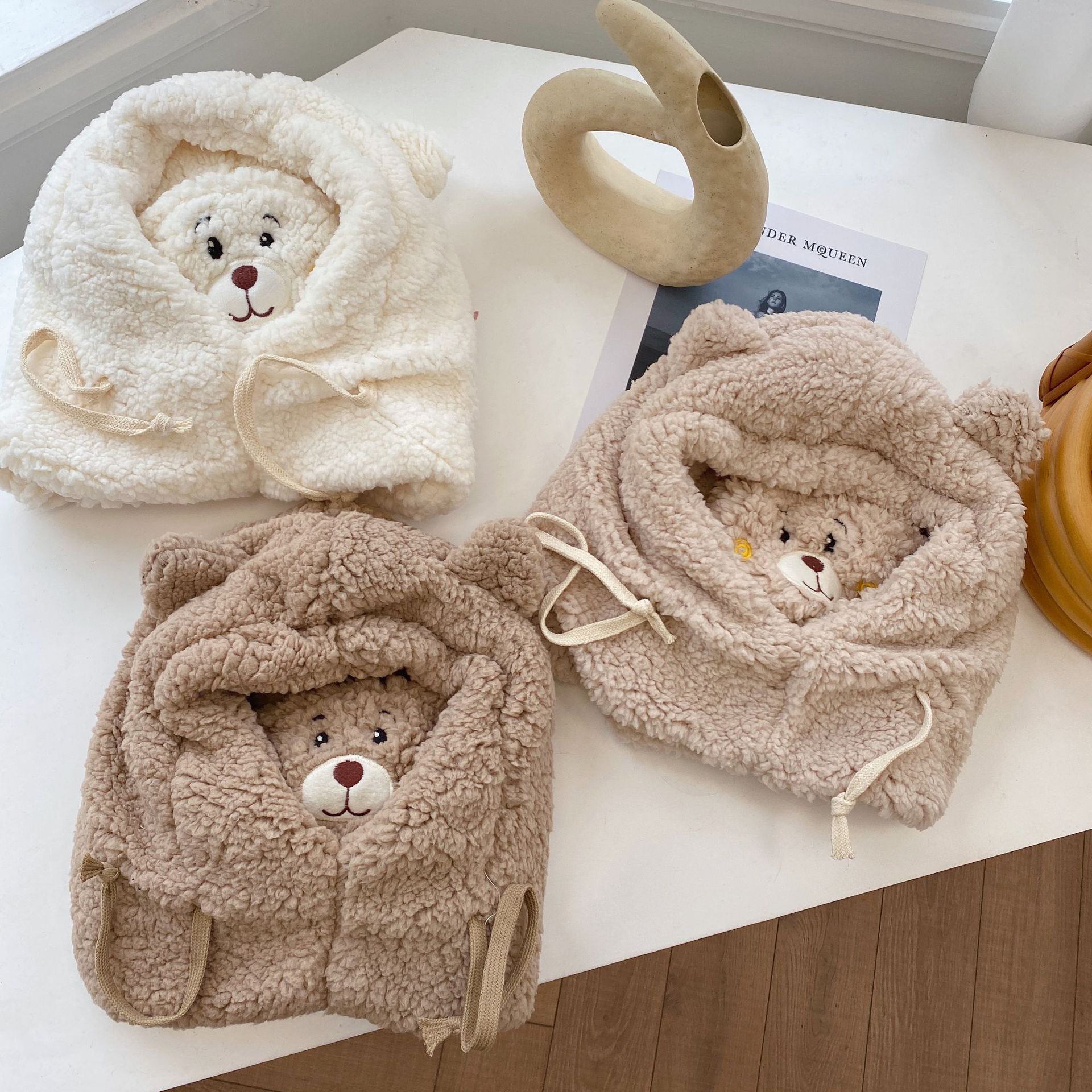 Japanese Cute Bear Ears Earflaps Cap Lamb Wool Ushanka Autumn and Winter Wild Mask Scarf Integrated