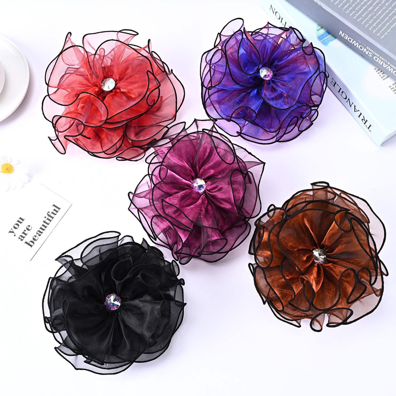 Large Flower Chiffon Korean Style Black Edge Hair Accessorie...