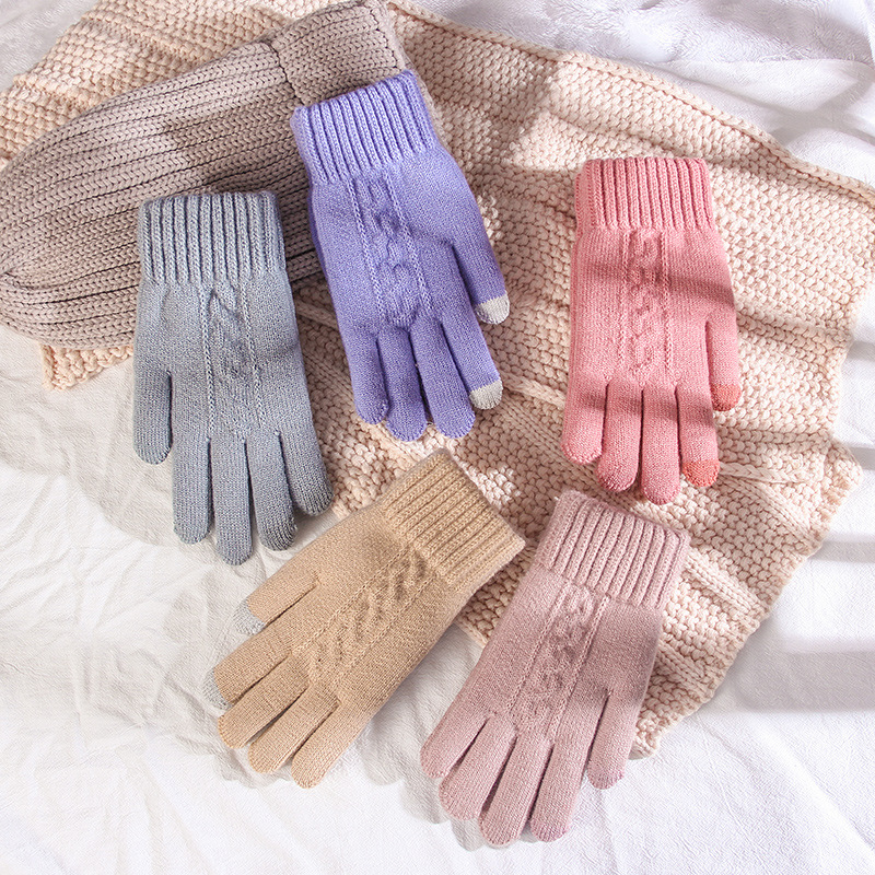 Women's Gloves Winter Five-Finger Knitted Wool Touch Screen Jacquard Thickened Warm and Cute Cy