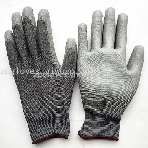 13-pin gray pu polyurethane immersed palm labor protection gloves gray pu coated palm gloves gray polyester pu gloves