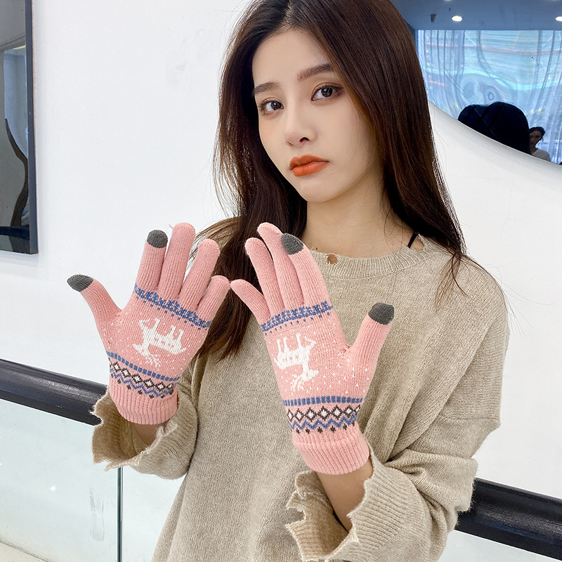 Factory Wholesale Deer Style Knitted Touch-Screen Gloves Autumn and Winter Warm with Velvet Couple K
