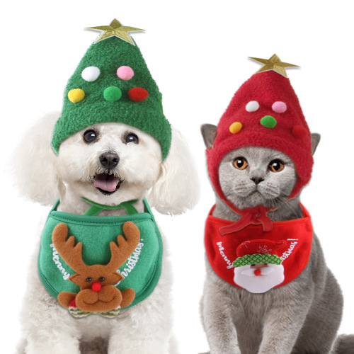 manufacturer pet hat saliva towel dog christmas head cover christmas tree shape cat saliva towel set