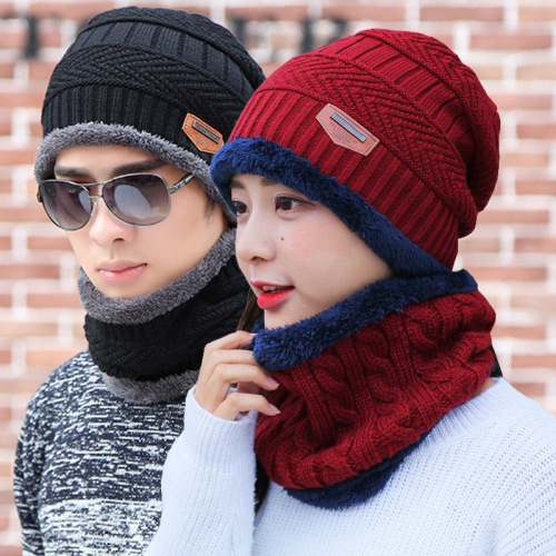 hat scarf women‘s winter korean-style wool hat fleece-lined pullover hat outdoor windproof earmuffs warm knitted hat men