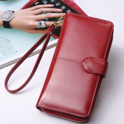Cross-Border Women's Wallet Oil Wax Leather Retro Long Wallet Women's Large Capacity Multi