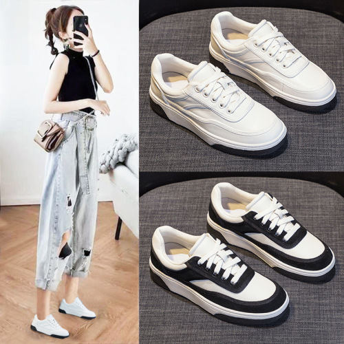 Autumn 2021 New Genuine Leather White Shoes Women‘s Board Shoes Spring and Autumn Panda Shoes Korean Style Versatile popular Online Celebrity Fashion