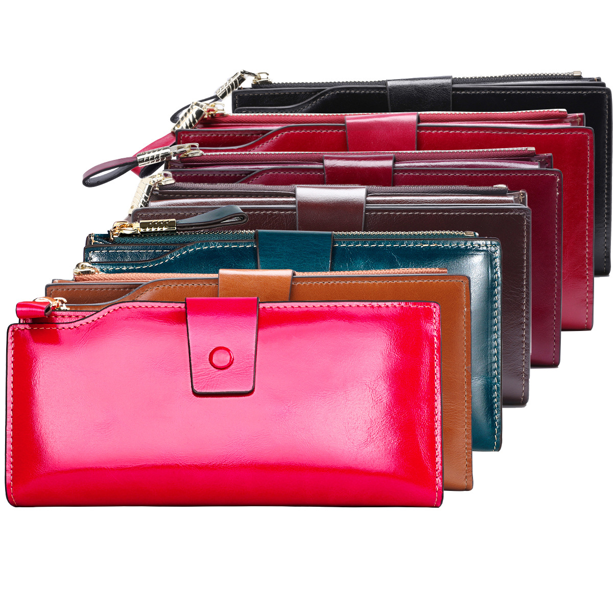 Top Layer Leather Anti-RFID Women's Wallet Long Korean Style Oil Wax Leather Wallet Cowhide Wom