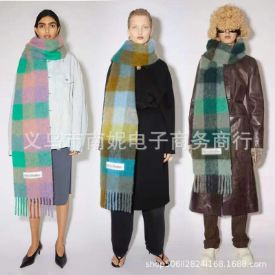 2021 New European and American AC Plaid Circle Yarn Scarf Fashion Simple Lengthen and Thicken Scarf Dual-Use