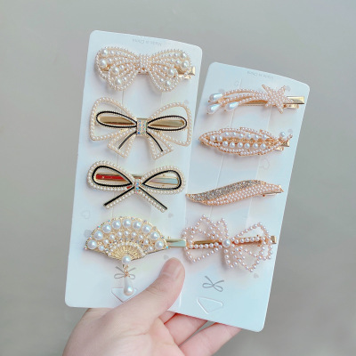 2021 New Pearl Bow Barrettes Side Clip Girly Temperamental Rhinestone Bangs Clip Side Hairpin Duckbill Clip