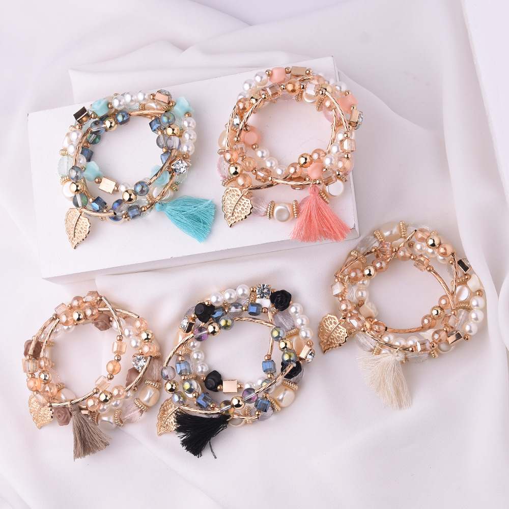 2020 Foreign Trade Ornament European and American New Crystal Multi-Layer Pearl Bracelet Leaf Alloy 