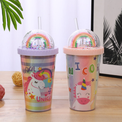 Factory Wholesale Custom Pattern Gift Cup Plastic Sippy Cup Unicorn Ins Double Plastic Cup Water Cup
