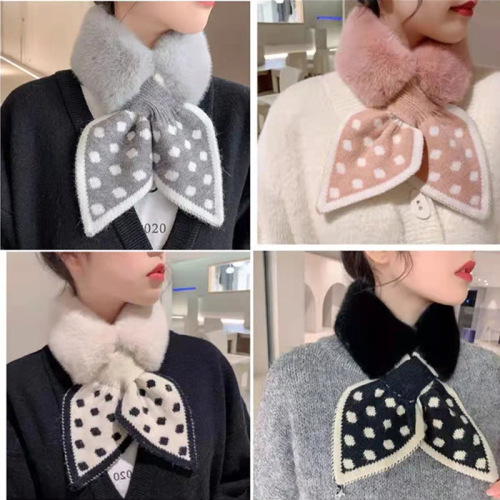 popular korean style houndstooth rabbit fur collar knitted plush scarf female japanese style solid color cross winter scarf female wholesale