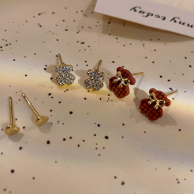 Real Gold Plating 925 Silver Stud Rhinestone-Encrusted Love Bear Bow Stud Earrings Suit Removal-Free