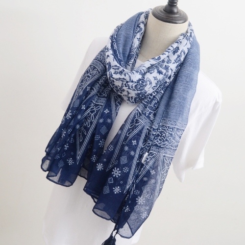 foreign trade cotton and linen scarf women‘s spring and autumn air conditioning shawl dual-use blue and white porcelain ethnic style travel summer sunscreen beach towel