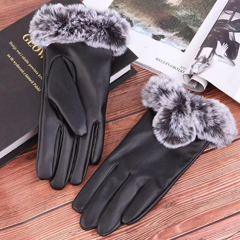 Autumn and Winter Women's Fur Mouth Gloves PU Leather Touch Screen Fleece Lined Padded Warm Kee