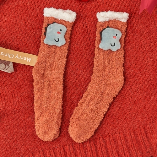 Socks Women‘s Mid-Calf Autumn and Winter Fleece-Lined Home Christmas Coral Velvet Cute Warm Confinement Sleeping Socks