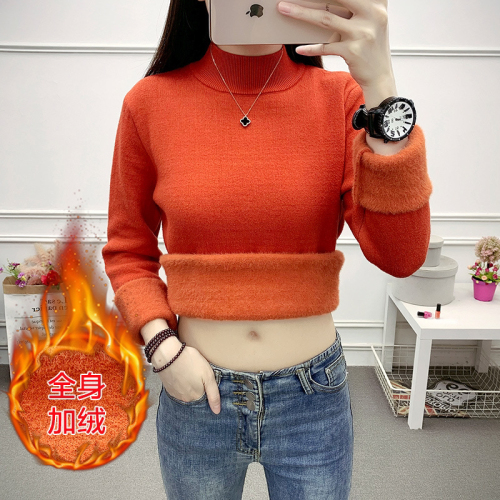 Fleece-Lined/Non-Fleece Autumn and Winter Sweater Women‘s plus Size Slim Fit Padded Warm Half-High Collar Inner Match Bottoming Shirt Women‘s Top