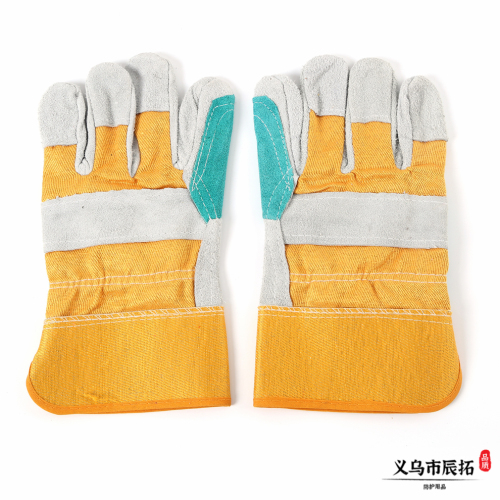 Soft Labor Gloves Protective Gloves Welding Gloves plus Support Protective Yellow Rubber Sleeve Two Fingers calf Leather Work Gloves