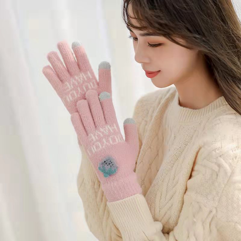 Non-Pilling Gloves Winter Women's Warm Cycling Five Fingers Separately plus Velvet Thickened To