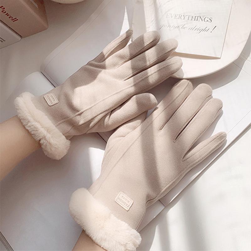 Suede Gloves Women's Winter Fleece-Lined Thickened Cycling Gloves New Cute Korean Style Fur Mou