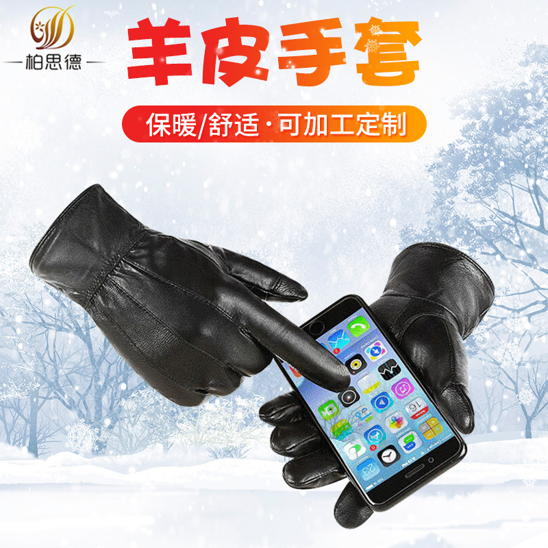 Autumn and Winter Cycling Warm Gloves Black Leather Gloves Men's Business Sheepskin Gloves Touc