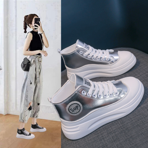 leather white shoes women‘s autumn versatile korean style breathable flat casual high-top student sports board shoes