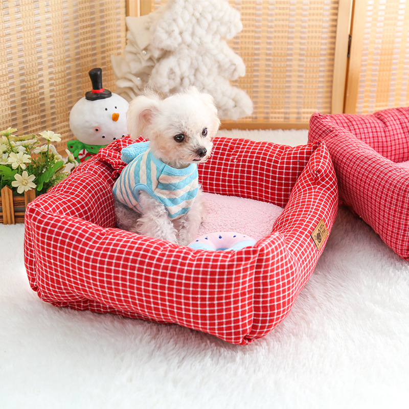 Petstyle新款  粉红蝴蝶结方窝保暖狗窝 泰迪比熊柔软宠物窝
