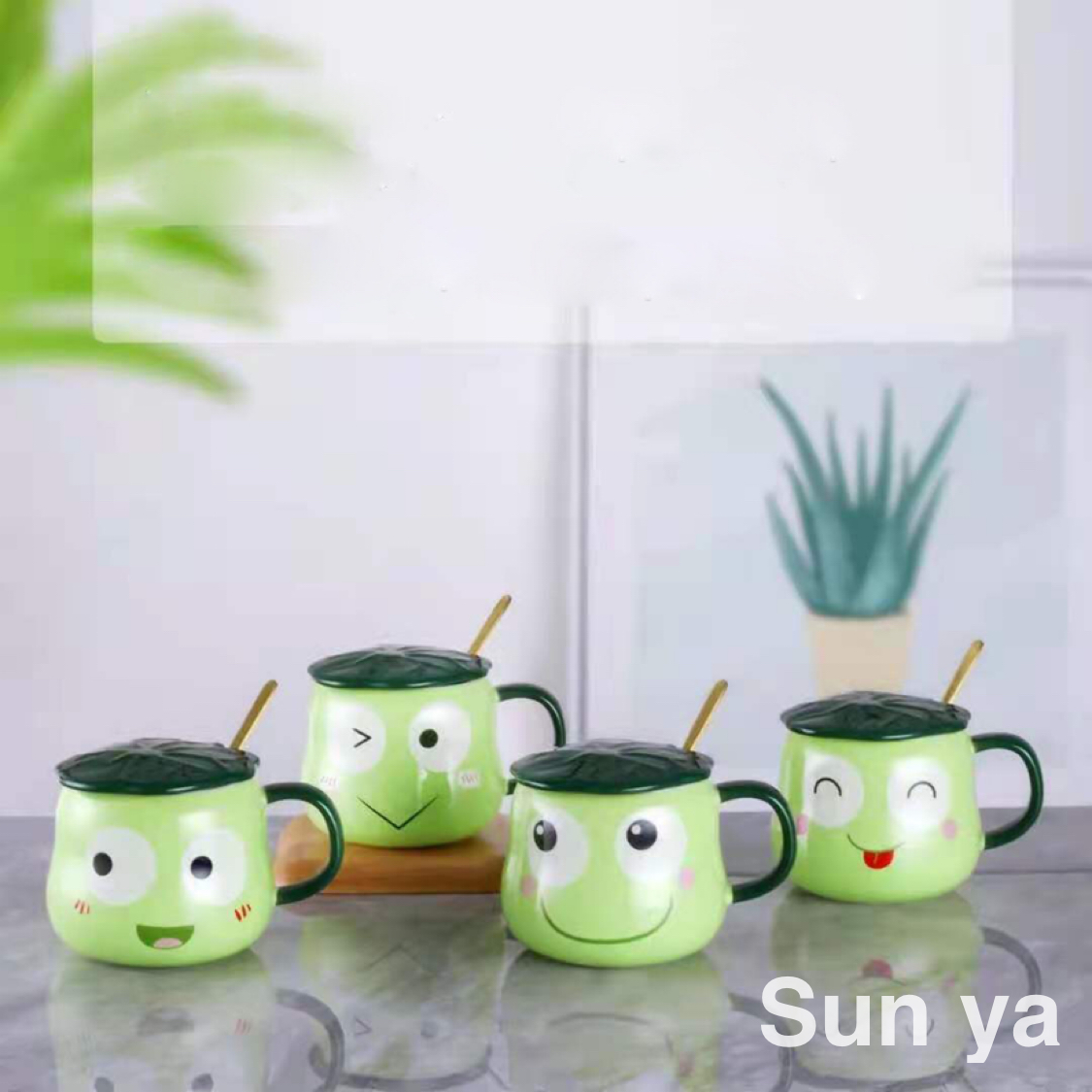 热销卡通陶瓷杯可爱青蛙马克杯带盖带勺水杯