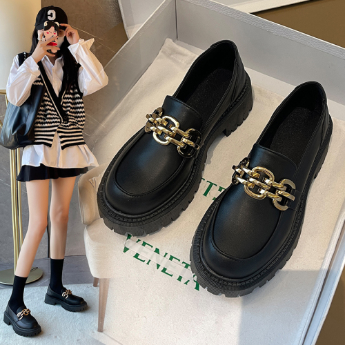 british style metal buckle chain thick-soled chunky heel loafers square toe mary jane leather shoes single-layer shoes women