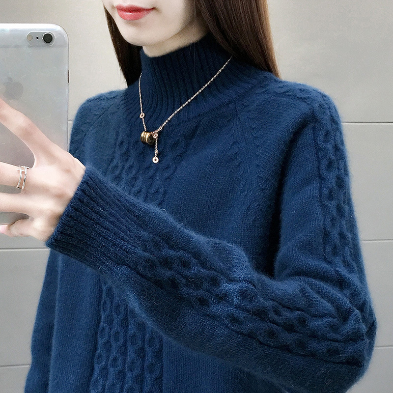 半高领加厚毛衣女2021新款韩版宽松麻花套头外穿针织打底衫长袖潮