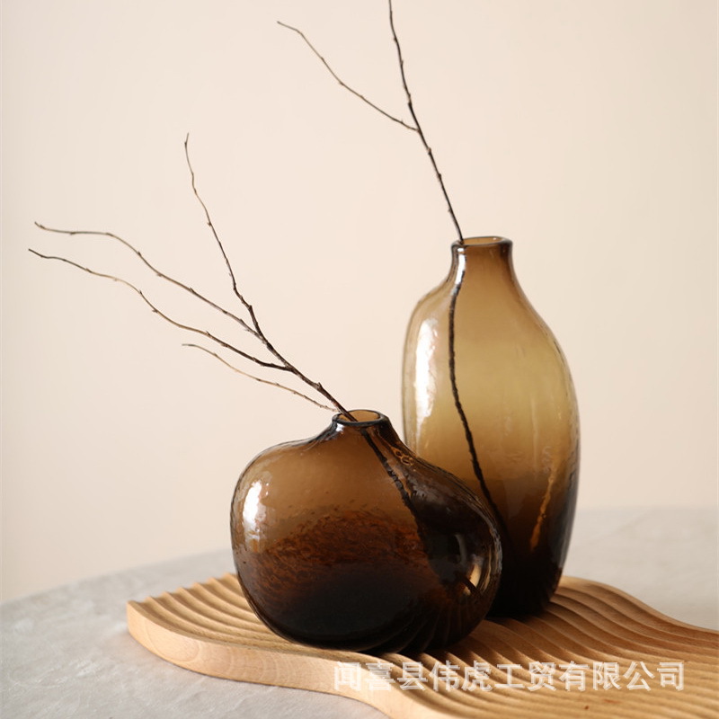 日式禅意锤纹玻璃花瓶不规则几何小口一枝花器客厅插花家居摆件