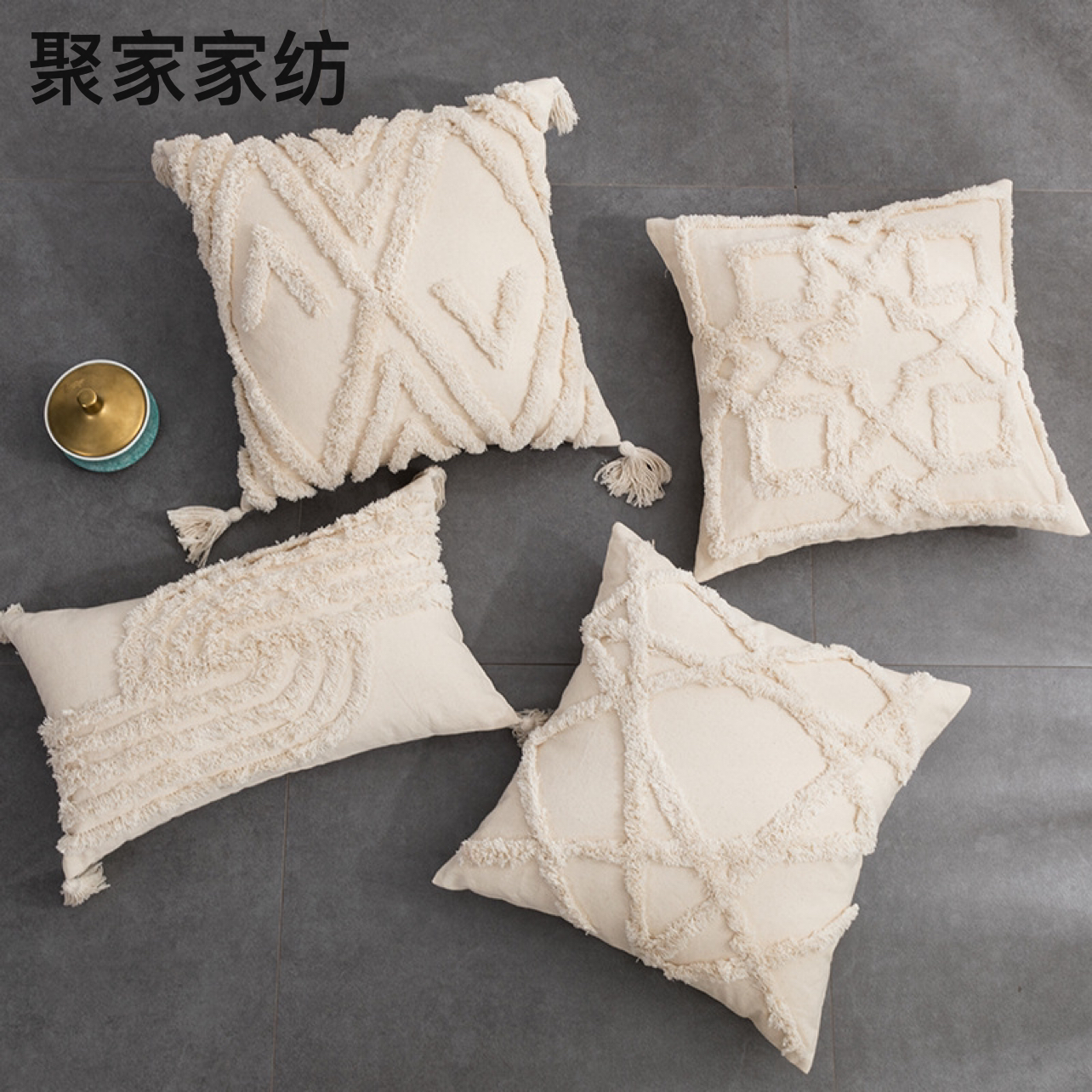 跨境热卖波西米亚摩洛哥棉布簇绒绣抱枕套ins沙发靠枕流苏靠垫套