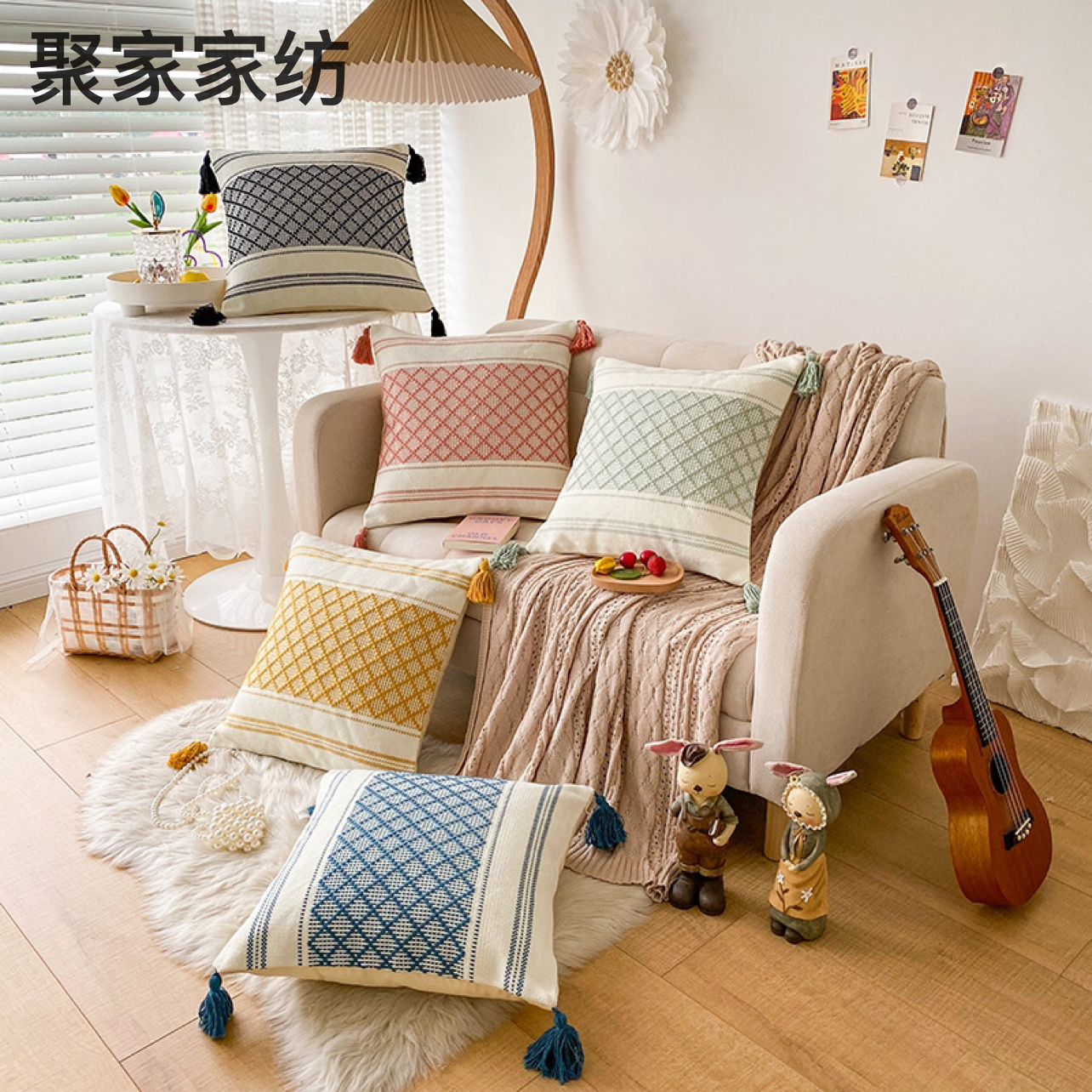 新款ins现代简约菱格提花流苏抱枕沙发装饰靠垫靠枕批发