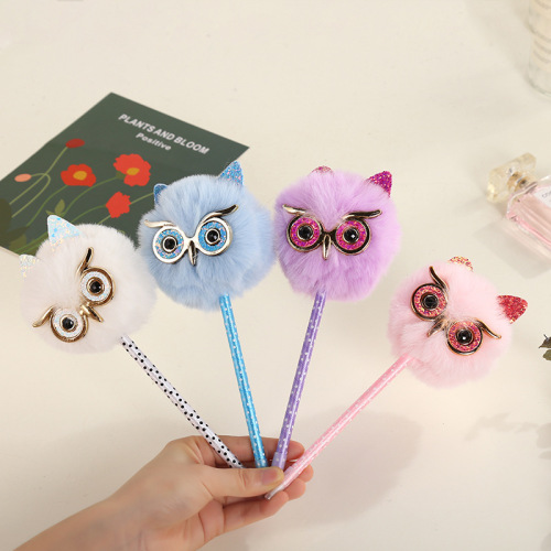 korean style hot cute cartoon owl fur ball pendant gel pen girl heart student creative pen
