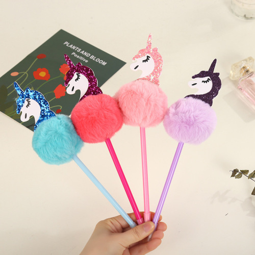 creative cartoon fur ball neutral gift pen 0.5mm cute sequined unicorn plush pen factory direct supply
