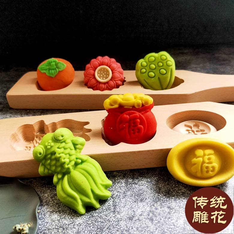 新款木质烘焙木制模具桃山皮绿豆糕南瓜饼青团月饼花样馒头模具