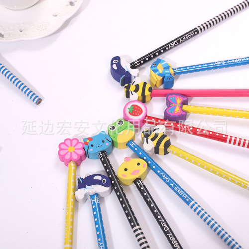 Cartoon Rubber Head Pencil Korean Cute Creative Learning Stationery Pencil Children Student Writing Pen Wholesale 