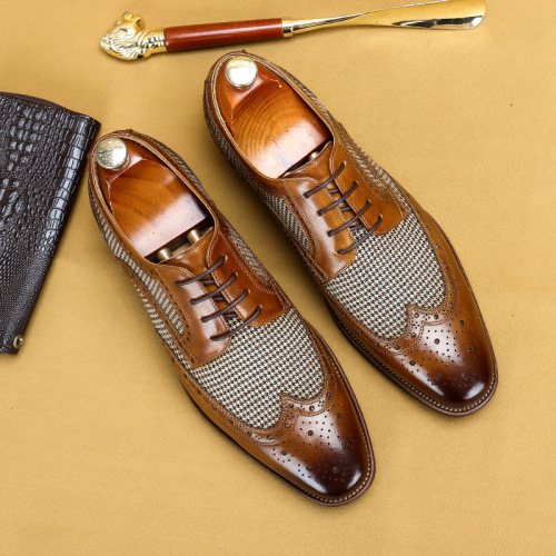 Men business Casual Leather Shoes Brogue Carved Patchwork Summer Breathable Genuine Leather Formal Wear Foreign Trade Shoes