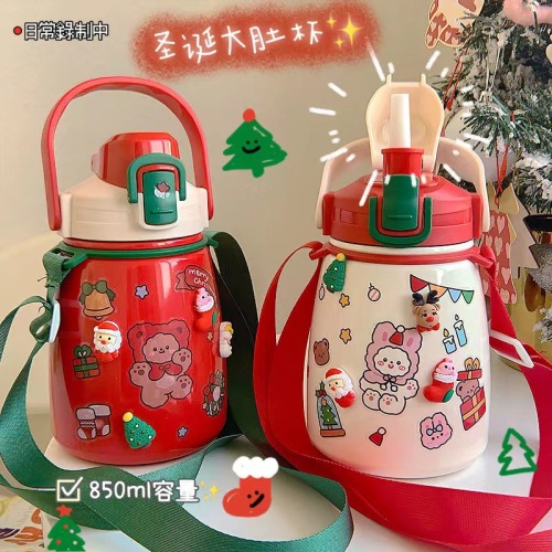 christmas pot belly thermos cup cartoon cute large capacity water cup children portable girl heart straw insulation water cup