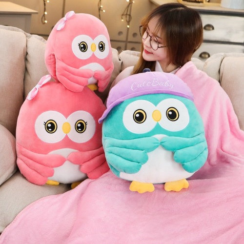 Cartoon Owl Pillow Quilt Dual-Use Doll Hand Warmer Cushion Nap Blanket Plush Doll Coral Fleece Blanket
