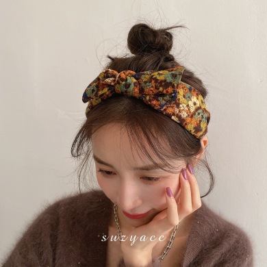 韩国复古油画感碎花蝴蝶结头箍发饰时尚丸子头饰发箍超仙宽边发捆